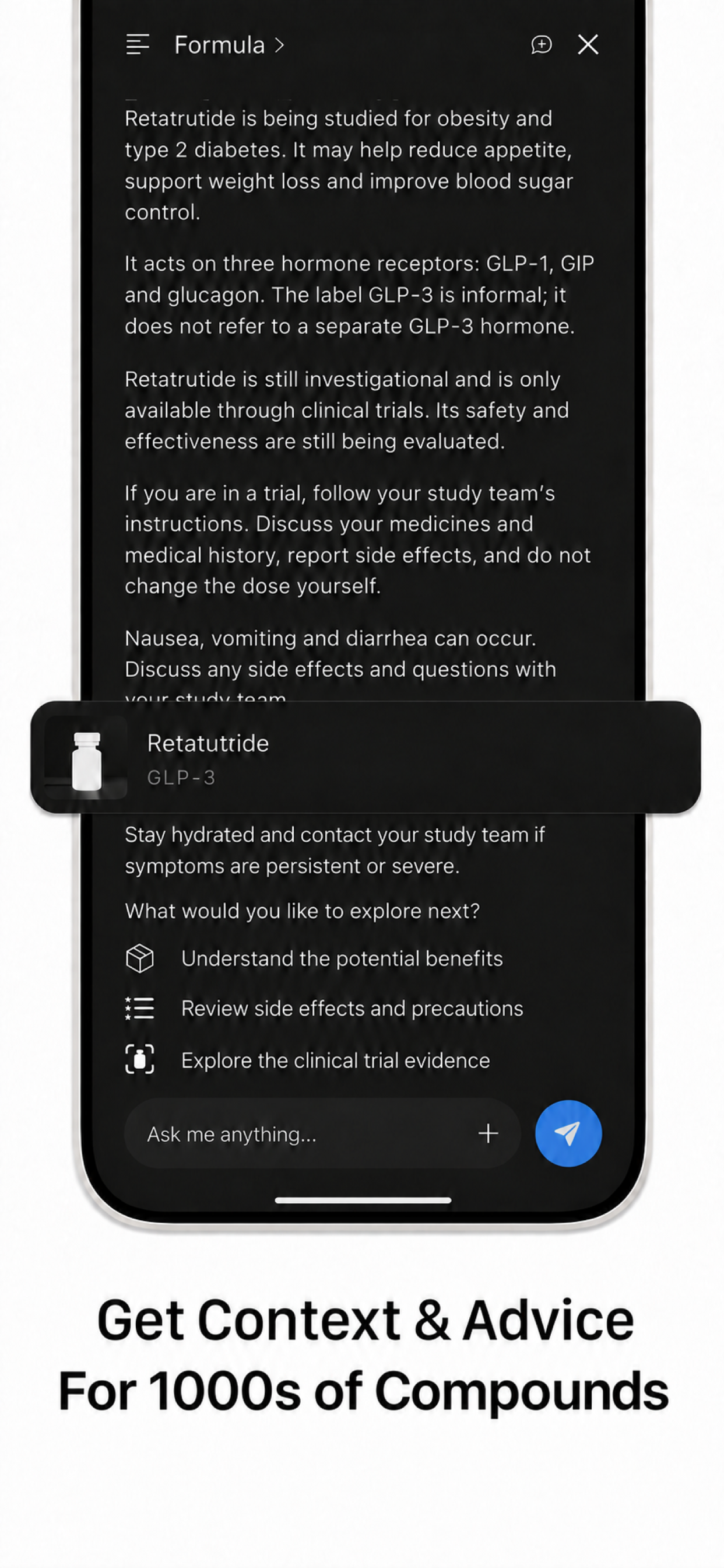 The real Formula agent conversation screen, explaining retatrutide research and offering follow-up questions about clinical evidence