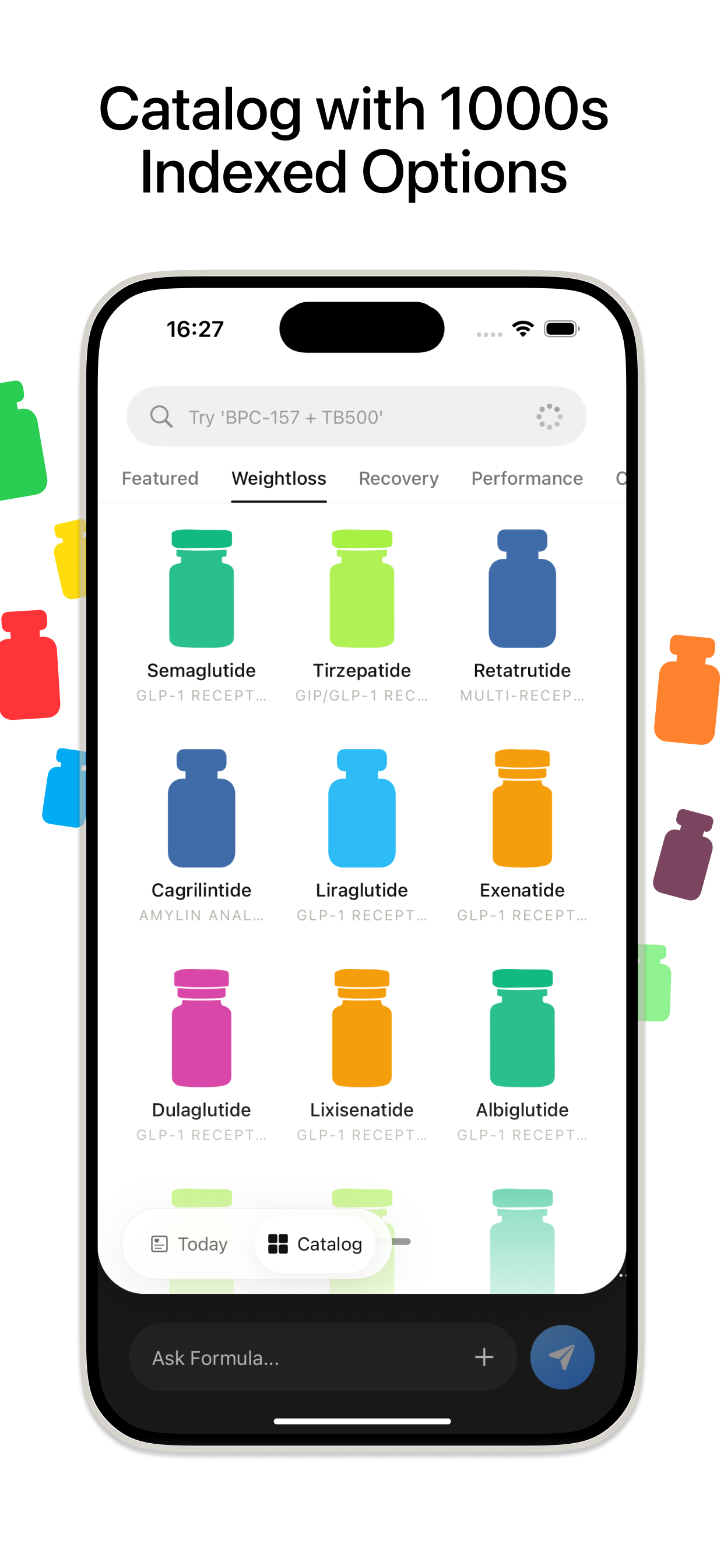 Formula’s actual compound catalog with colored vials and GLP-1 entries