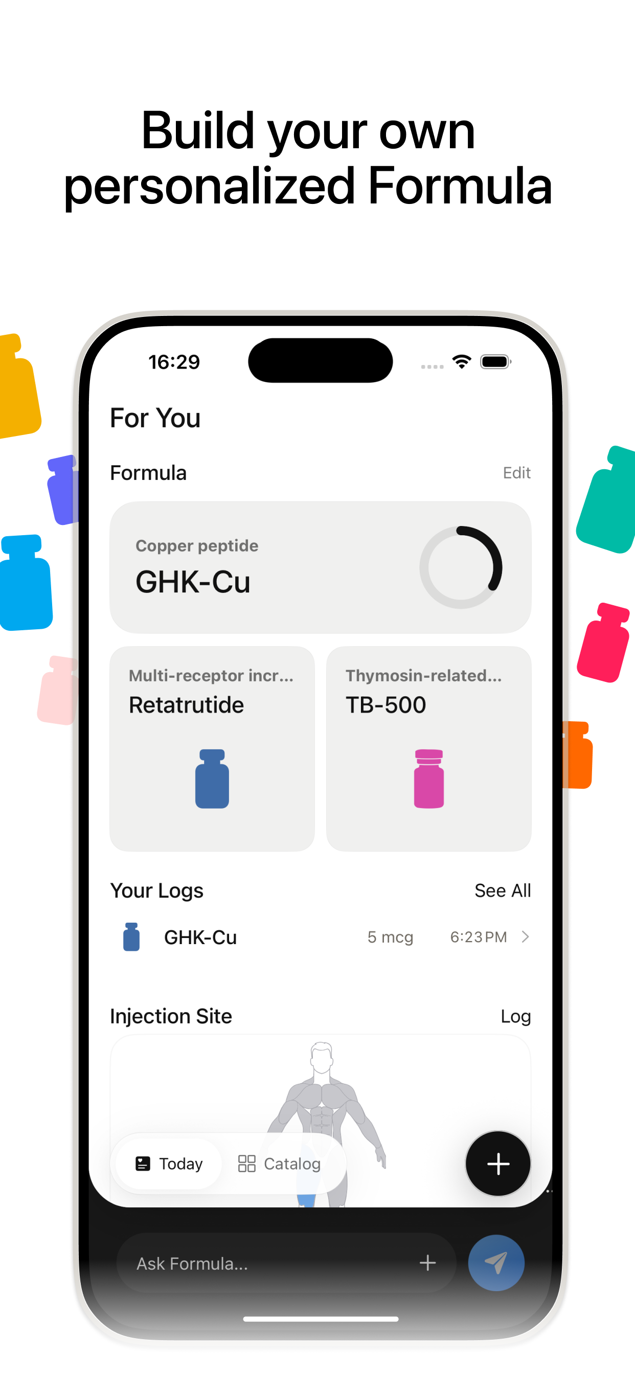 Formula’s actual For You screen, with your Formula, dose history, and injection site tracking